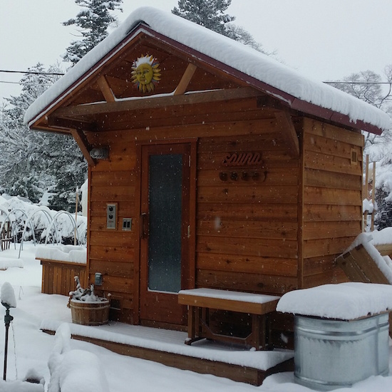 5x7 Outdoor Sauna in the Snow + 15x55 Rain Glass Door