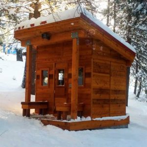 6x8 Outdoor Sauna Kit + Sloped Roof + Post & Beam Porch Mountain Snow