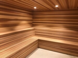 Interior of Clean Large Sauna with Bench Facing
