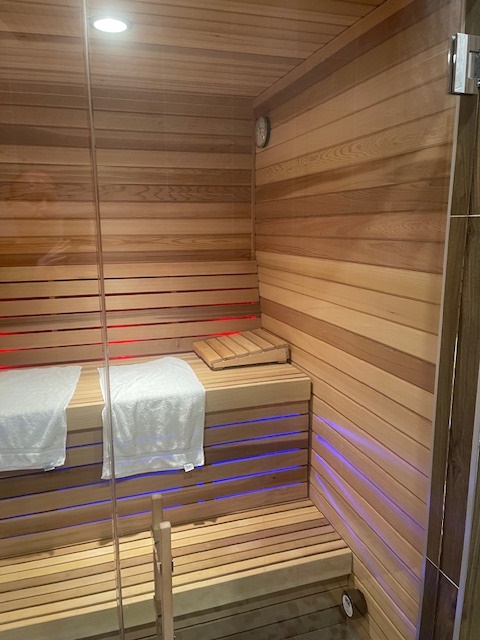 7x9 Cedar Sauna Materials Package 2 7x9 SMP Glass Front Wall with Chromatherapy lights behind bench facing