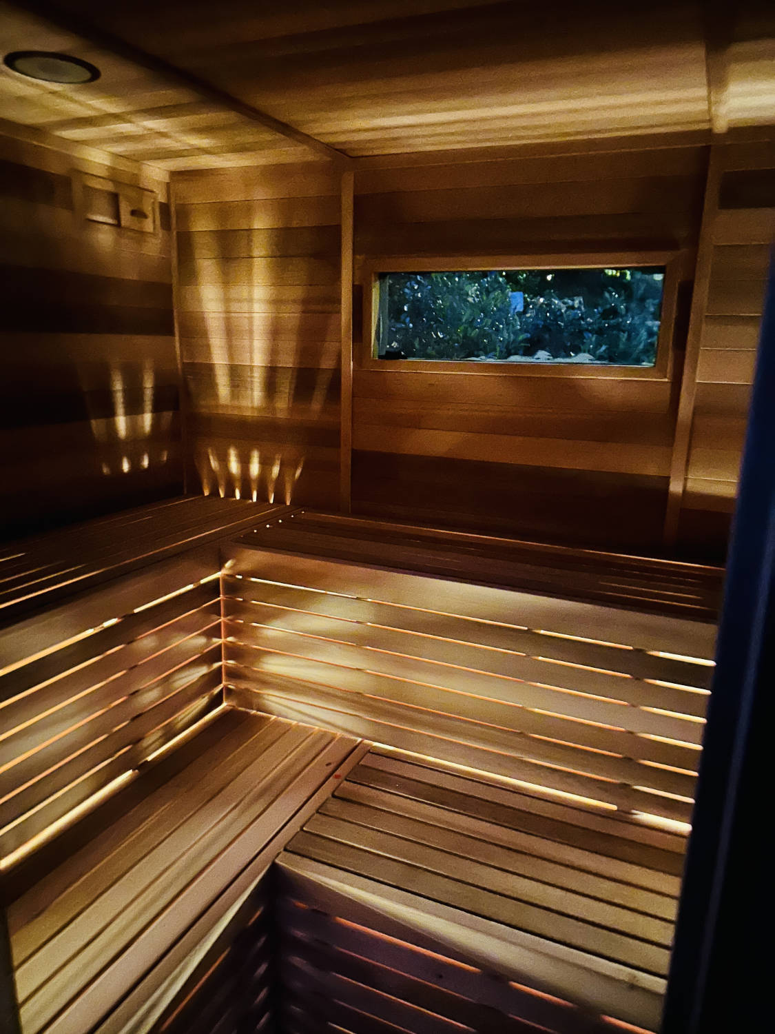 12x12 Cedar Sauna Materials Package 4 6x8OPF Interior 12x36w Lighted Bench Facing