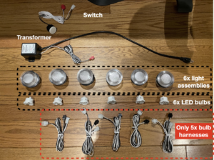 Chromatherapy Light + Transformer with all parts labeled