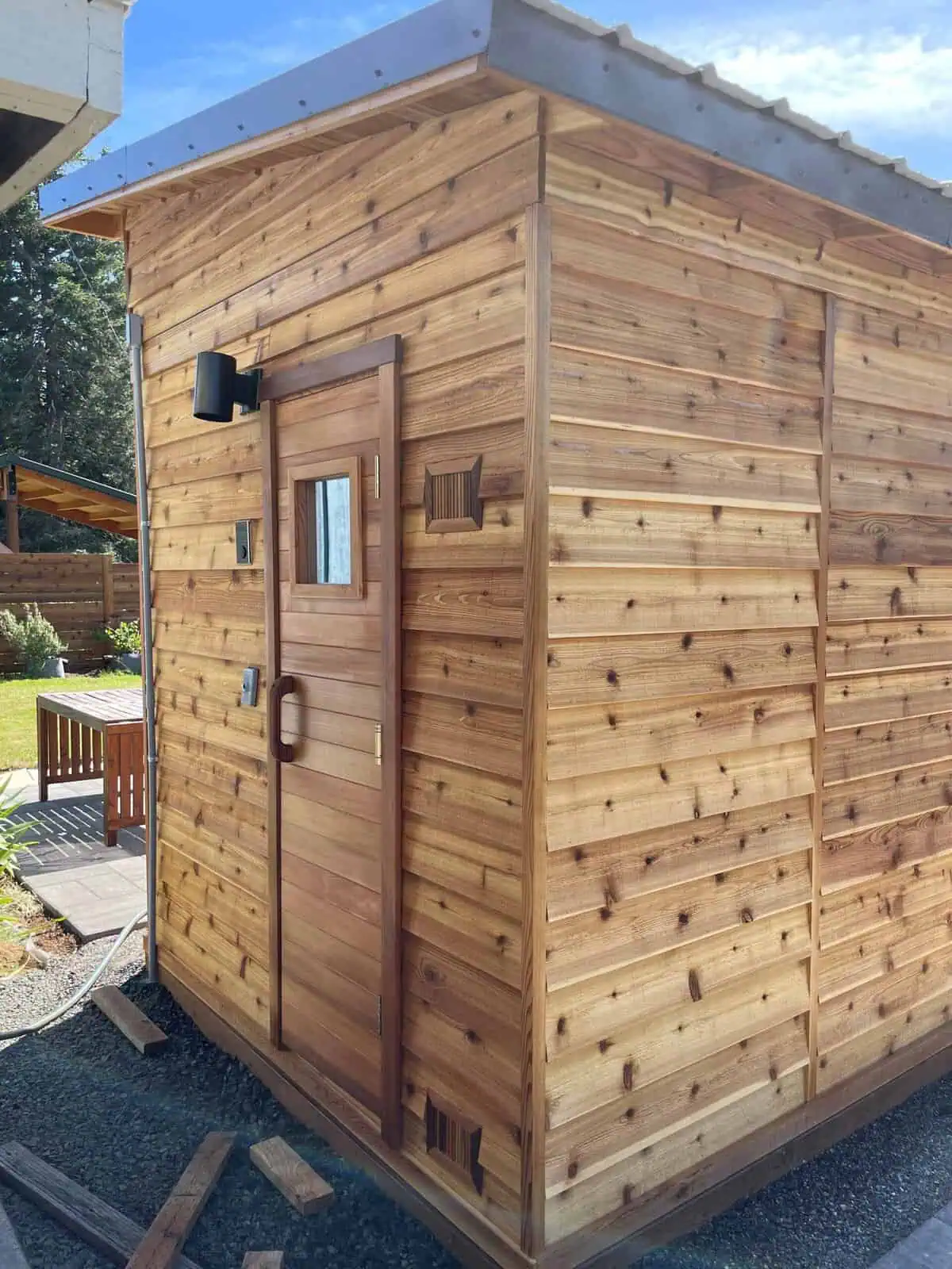 5x7 Outdoor Sauna Kit | DIY Backyard Sauna Kit 12 5x7 sloped r oof left to right stained Armstrong